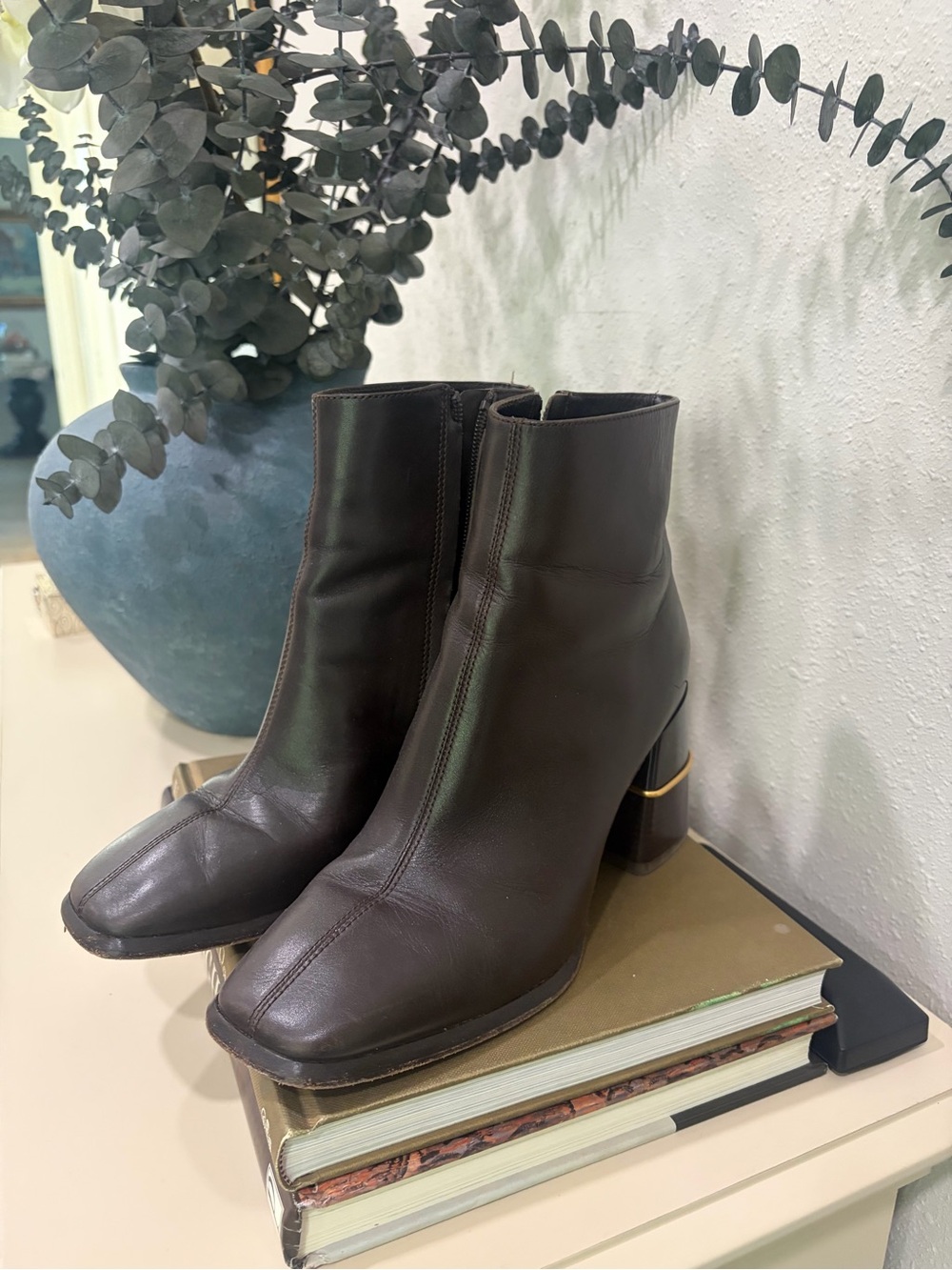 Tory Burch Dark Brown Leather Ankle Booties with Gold Accent